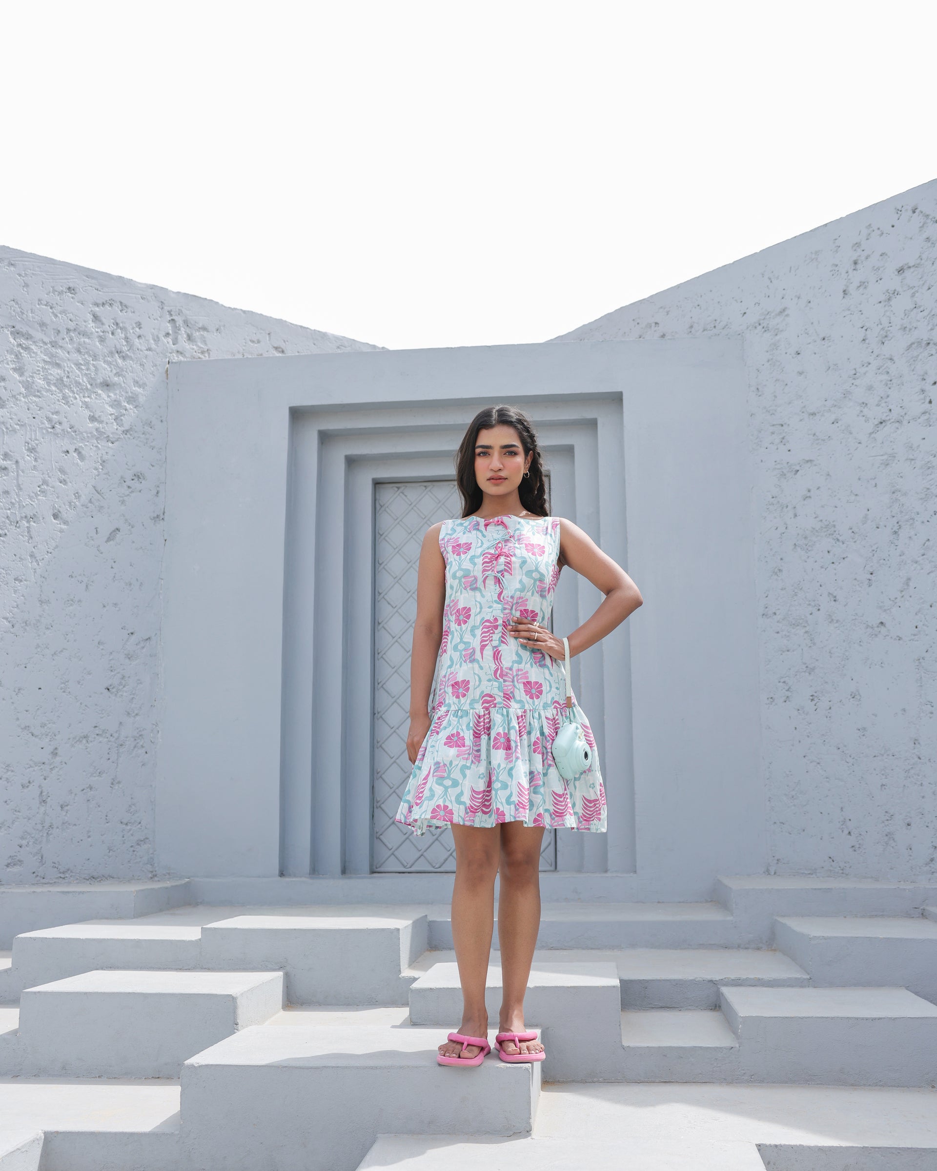 Aqua Blossom Sleeveless Ruffle Hem Dress