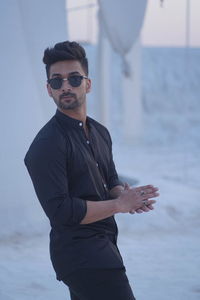 Men Solid Black Shirt with Mandarin Collar