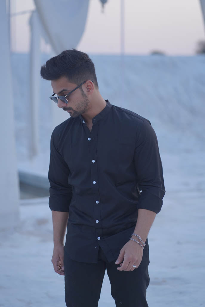 Men Solid Black Shirt with Mandarin Collar