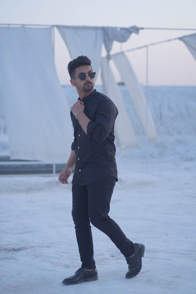 Men Solid Black Shirt with Mandarin Collar