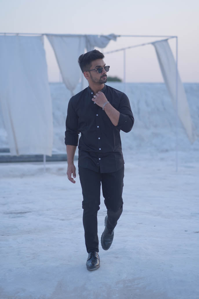 Men Solid Black Shirt with Mandarin Collar