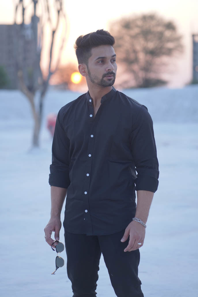 Men Solid Black Shirt with Mandarin Collar