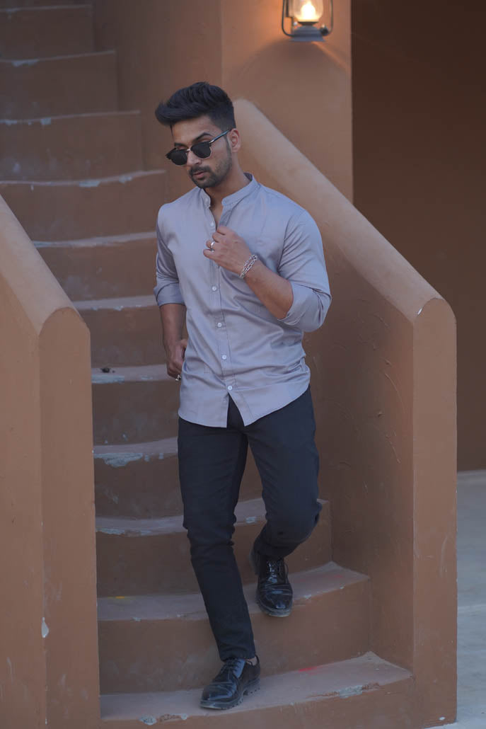 Men Solid Grey with Mandarin Collar