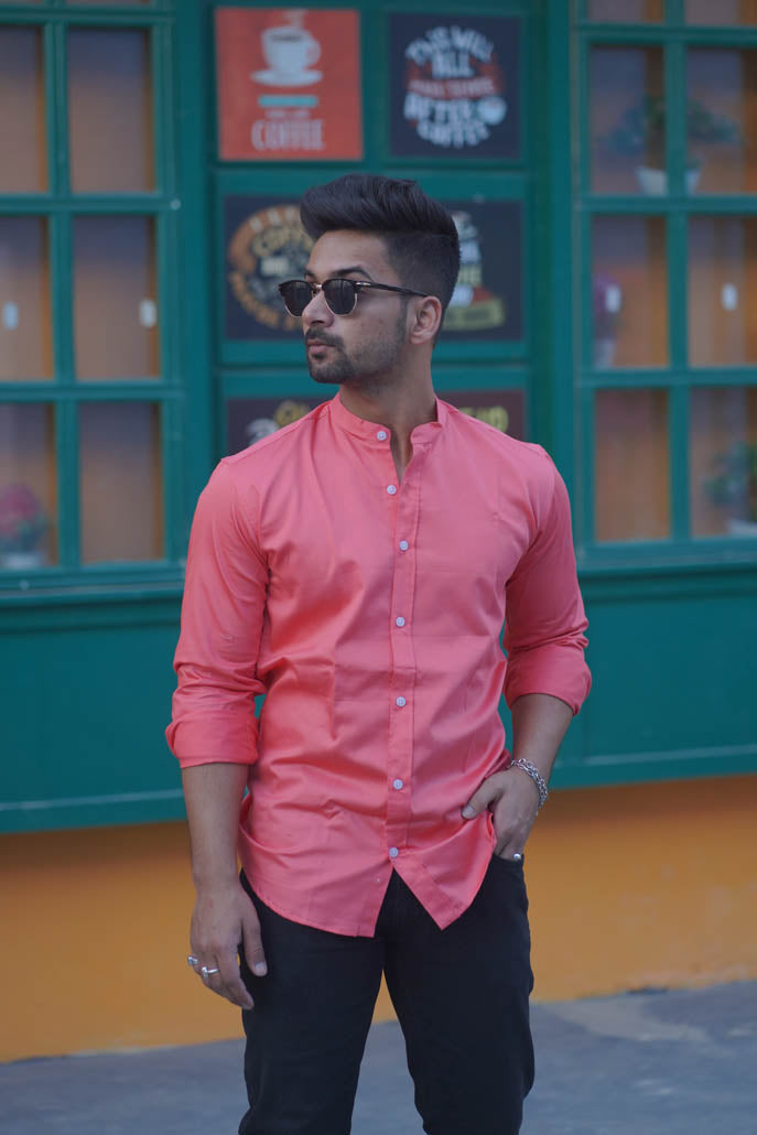 Men Solid Pink with Mandarin Collar