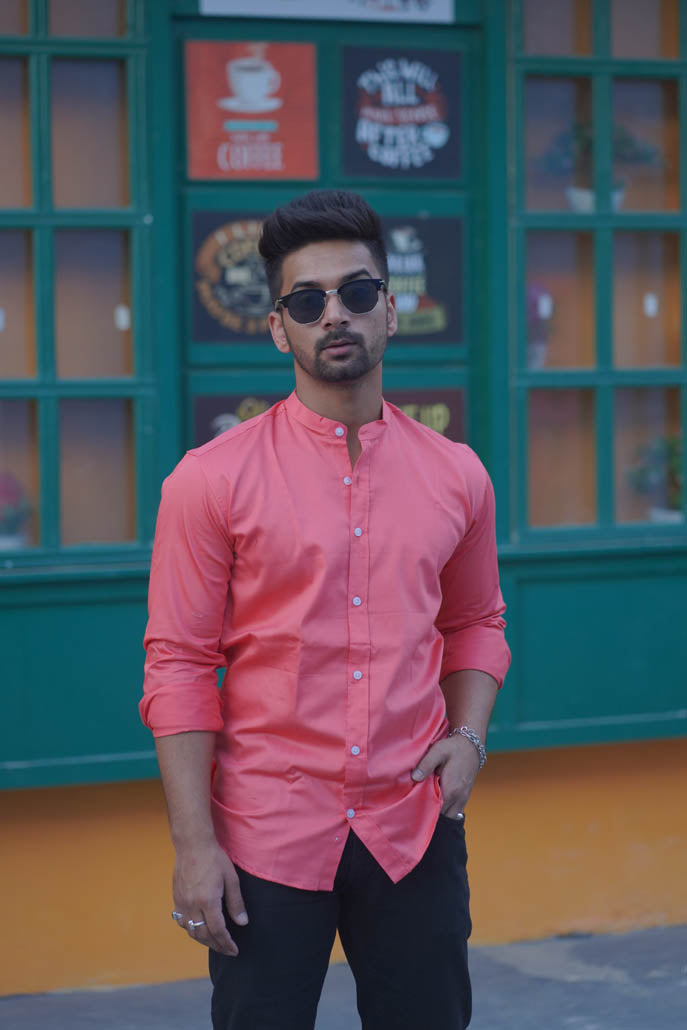 Men Solid Pink with Mandarin Collar