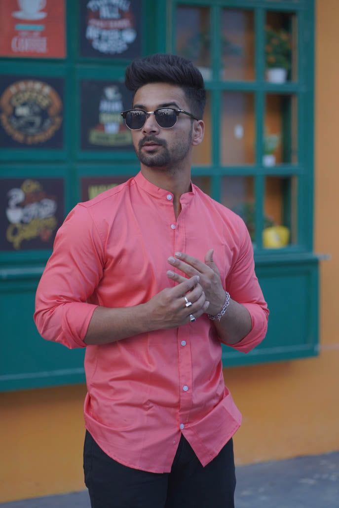 Men Solid Pink with Mandarin Collar
