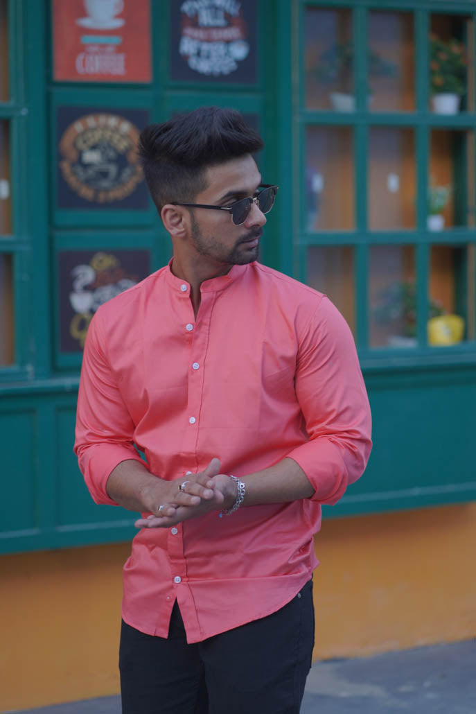 Men Solid Pink with Mandarin Collar