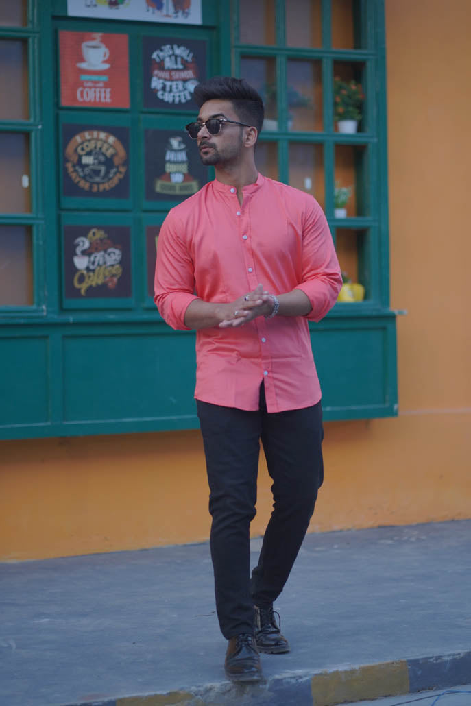 Men Solid Pink with Mandarin Collar