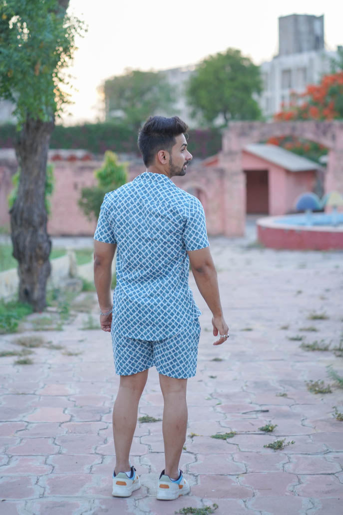 Men Printed Light Blue Co Ords Set