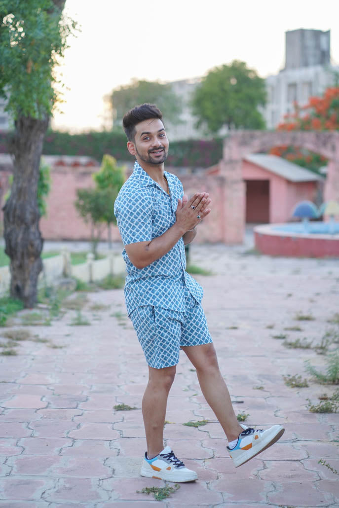 Men Printed Light Blue Co Ords Set