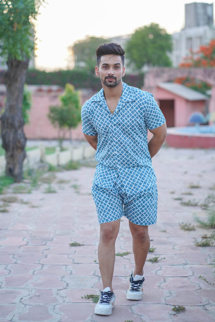 Men Printed Light Blue Co Ords Set