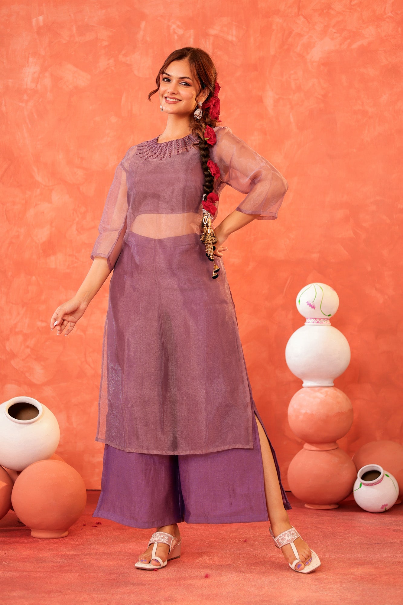 Lavender Double Layer Kurti Set