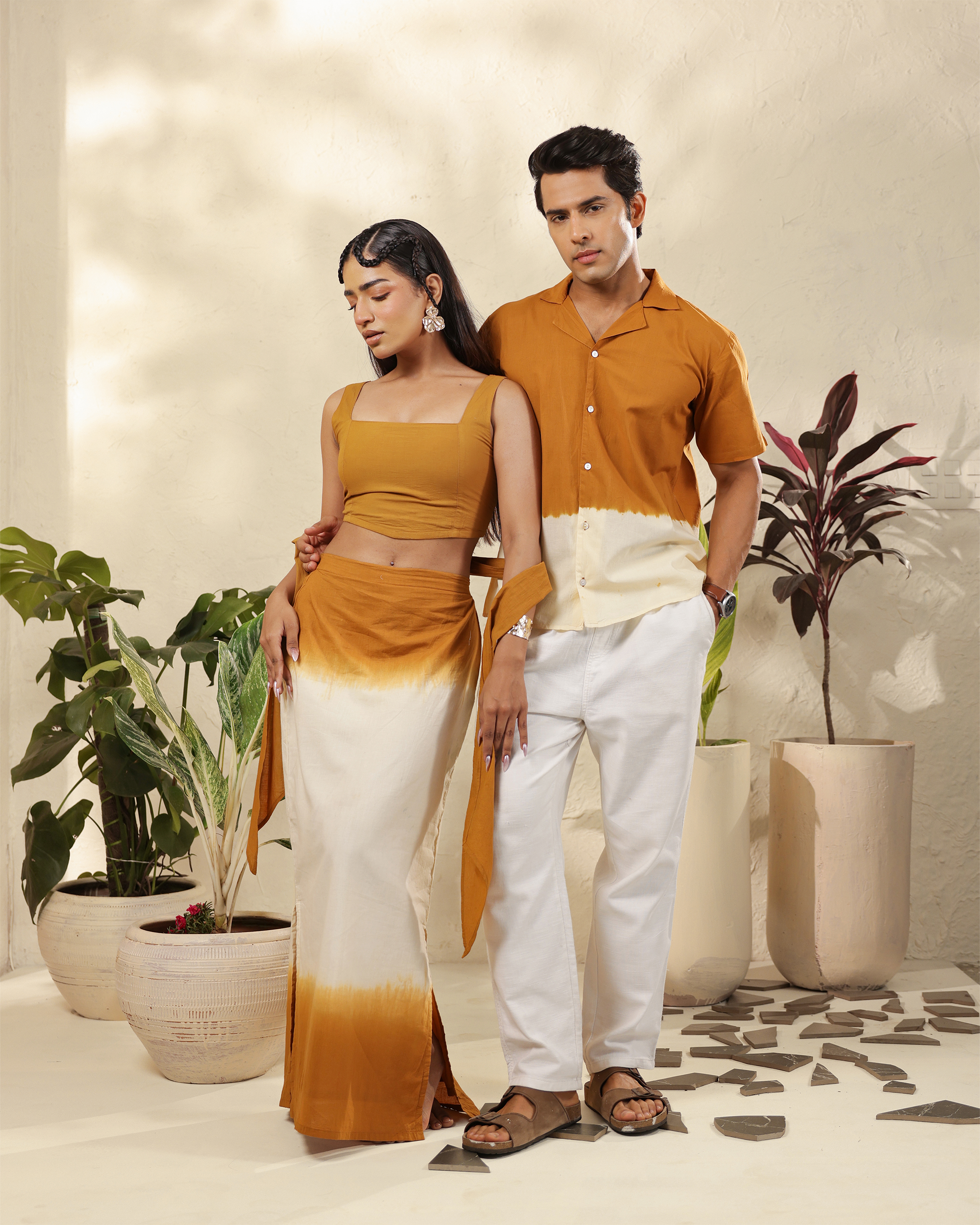 Matching Couple Outfit Set in Rust & Cream Tie-Dye