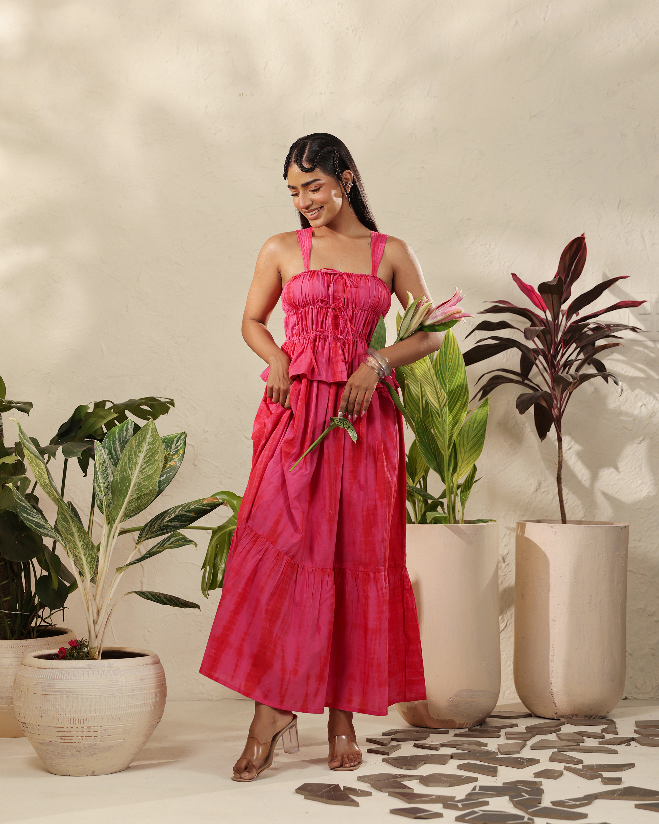 Pink Tiered Maxi Set with Smocked Bodice