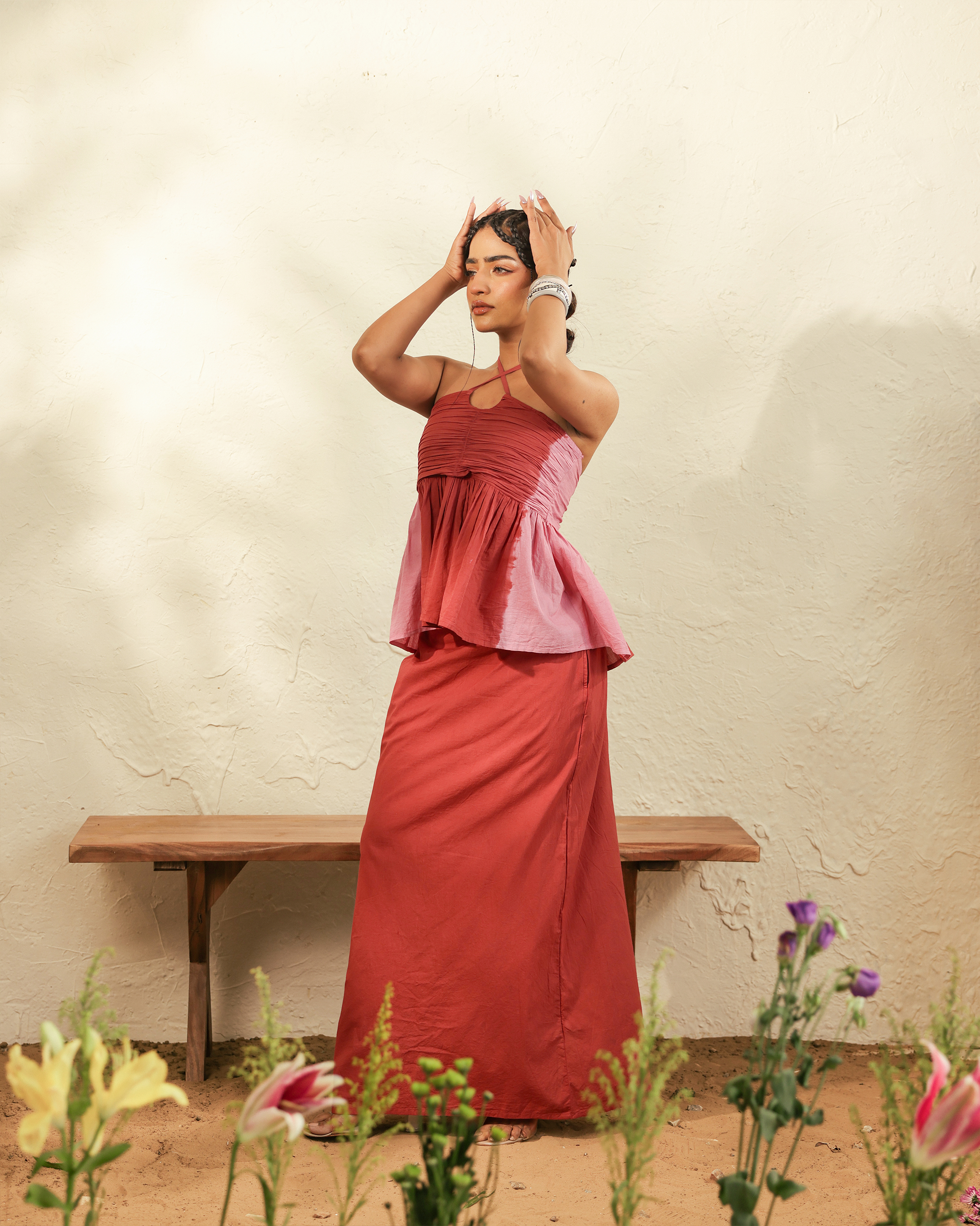 Tie-Dye Pink Maxi Dress with Keyhole Neckline