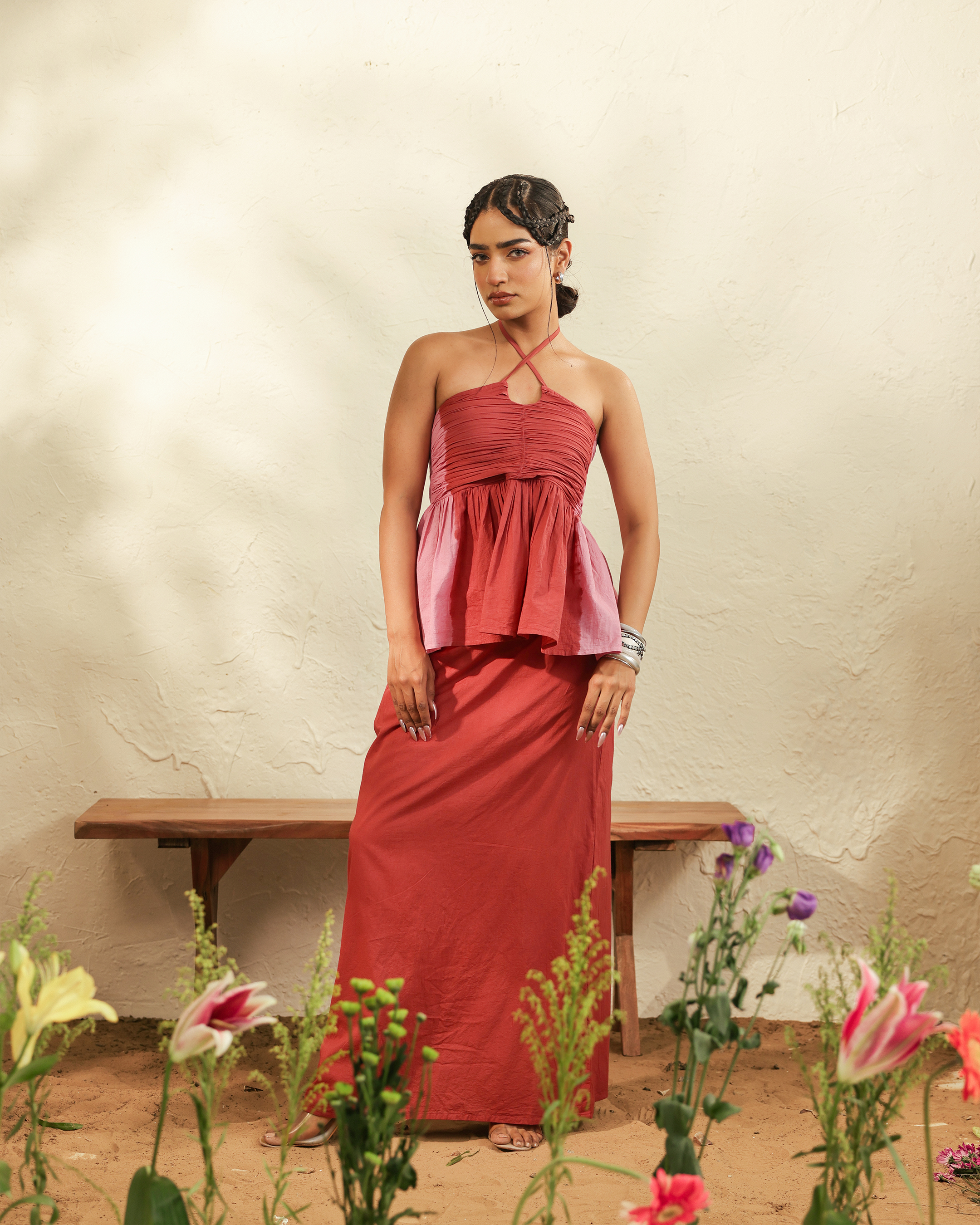 Tie-Dye Pink Maxi Set with Keyhole Neckline