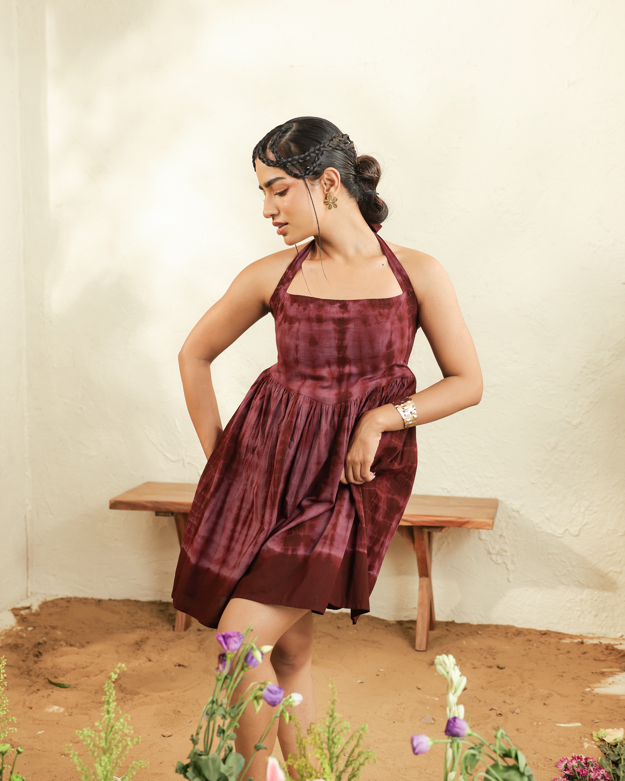 Maroon Tie-Dye Halter Neck Mini Dress