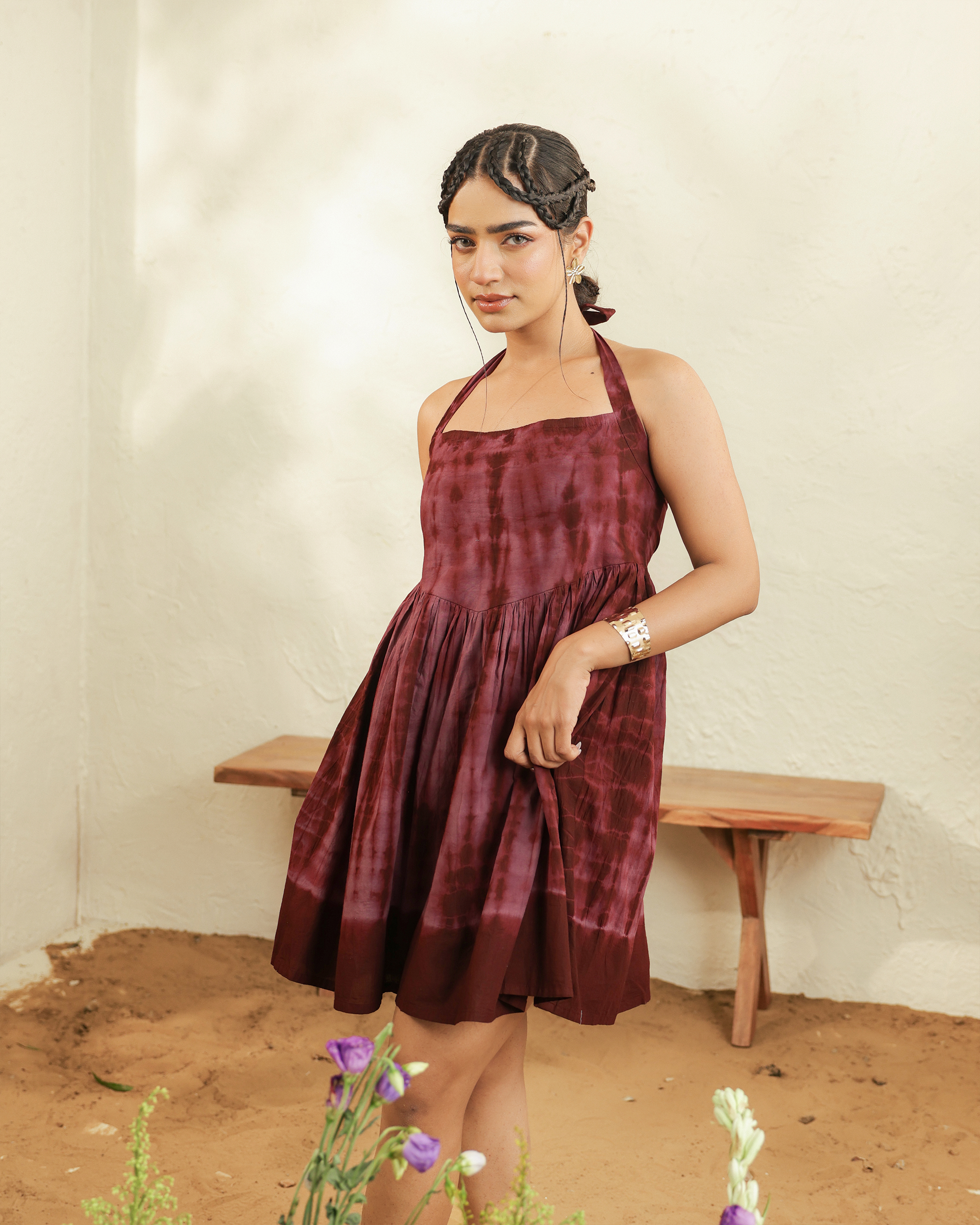 Maroon Tie-Dye Halter Neck Mini Dress