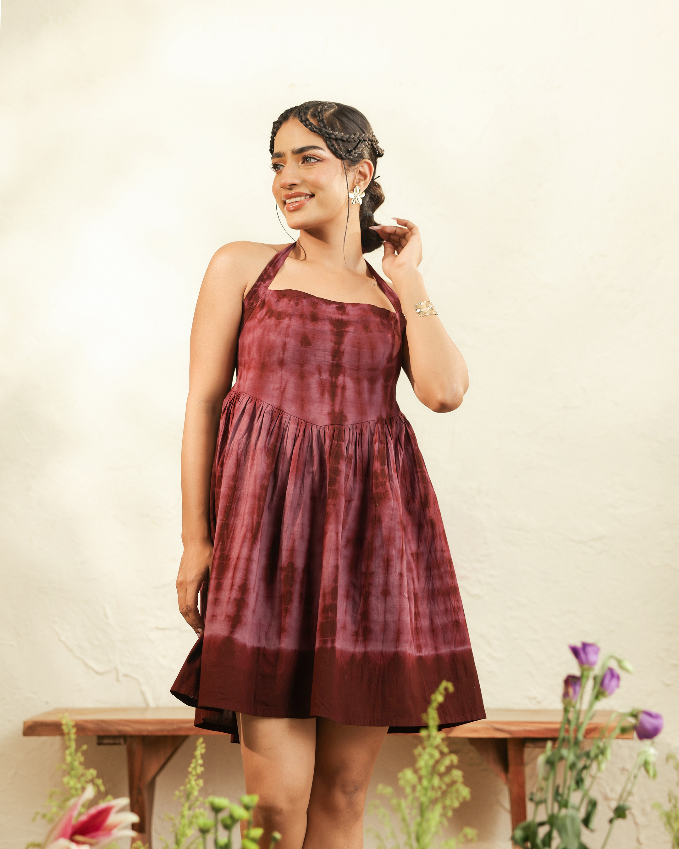 Maroon Tie-Dye Halter Neck Mini Dress