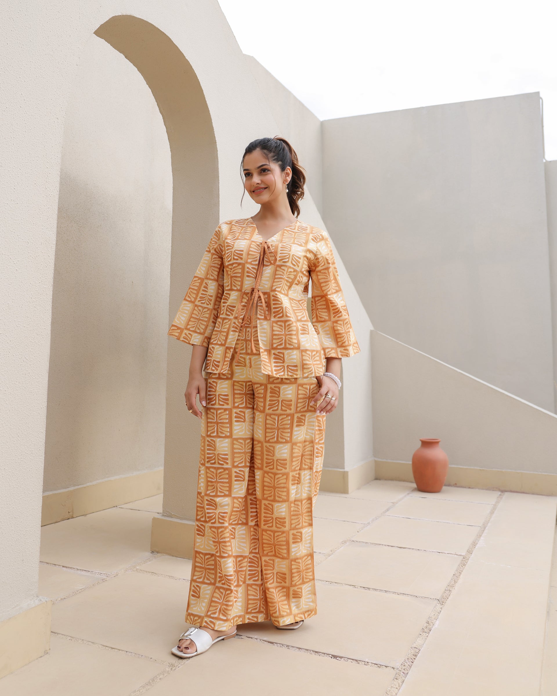 Amber Block Leaf Print Kimono Co-Ord Set