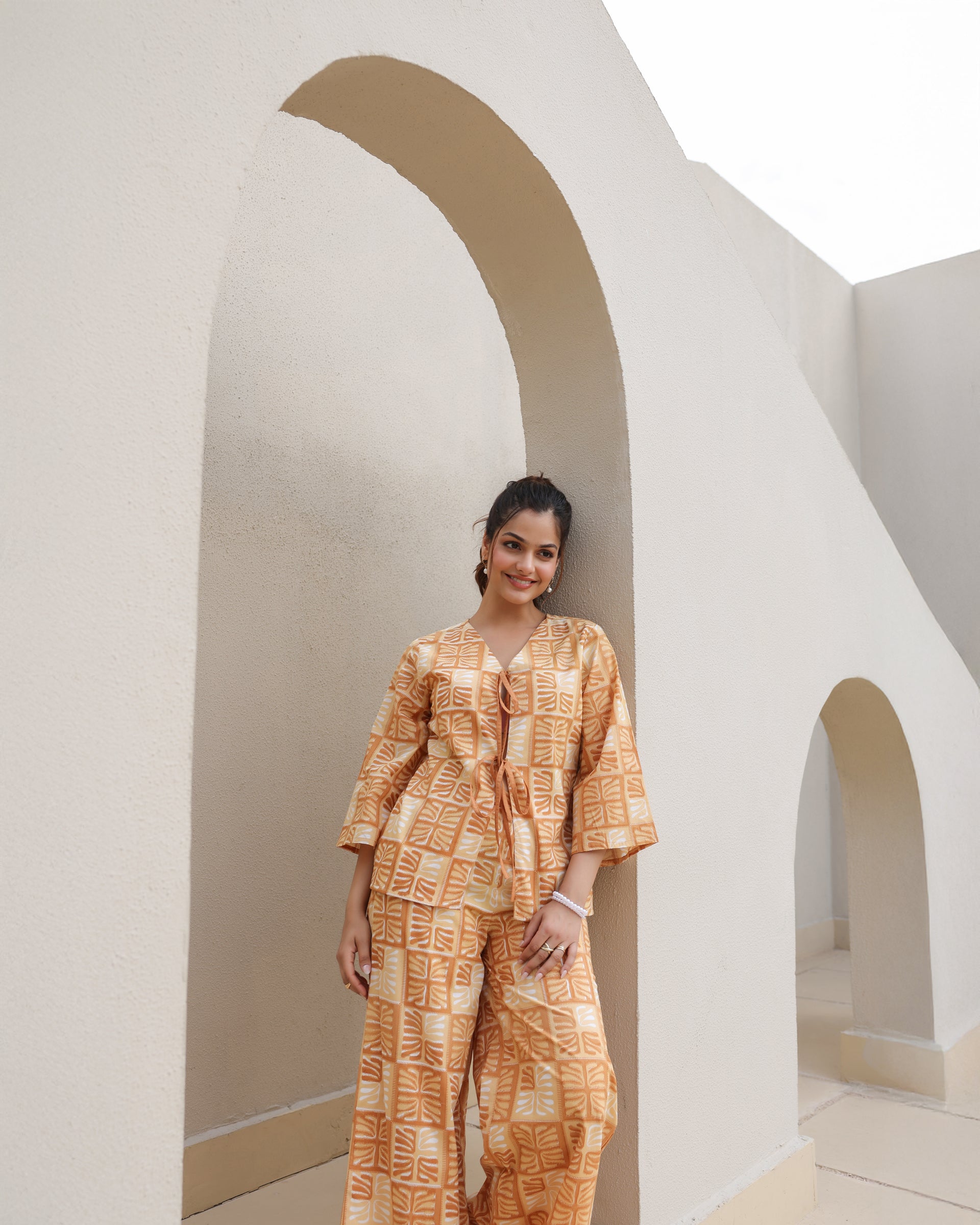 Amber Block Leaf Print Kimono Co-Ord Set