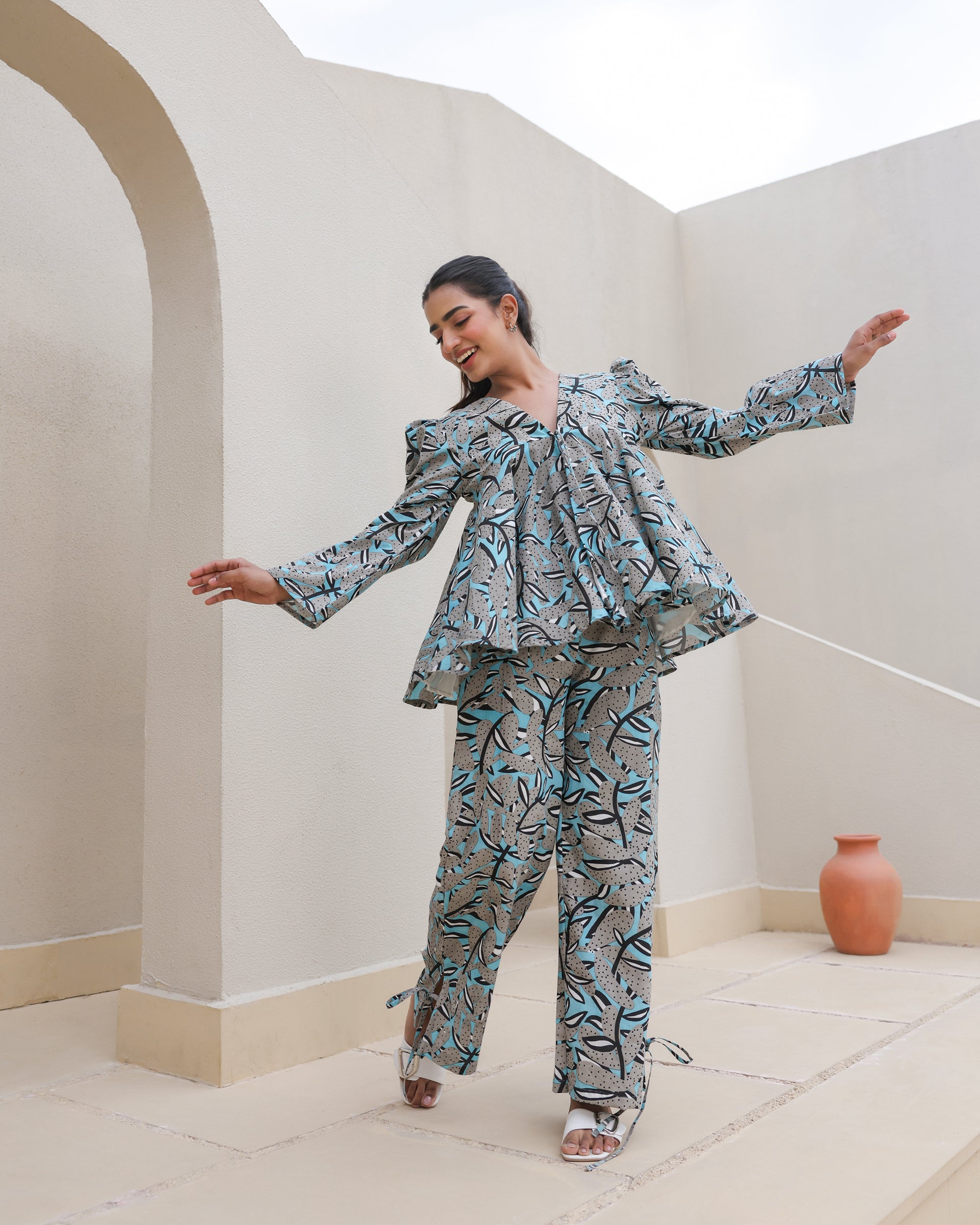 Midnight Tropic Abstract Leaf Flared Co-Ord Set