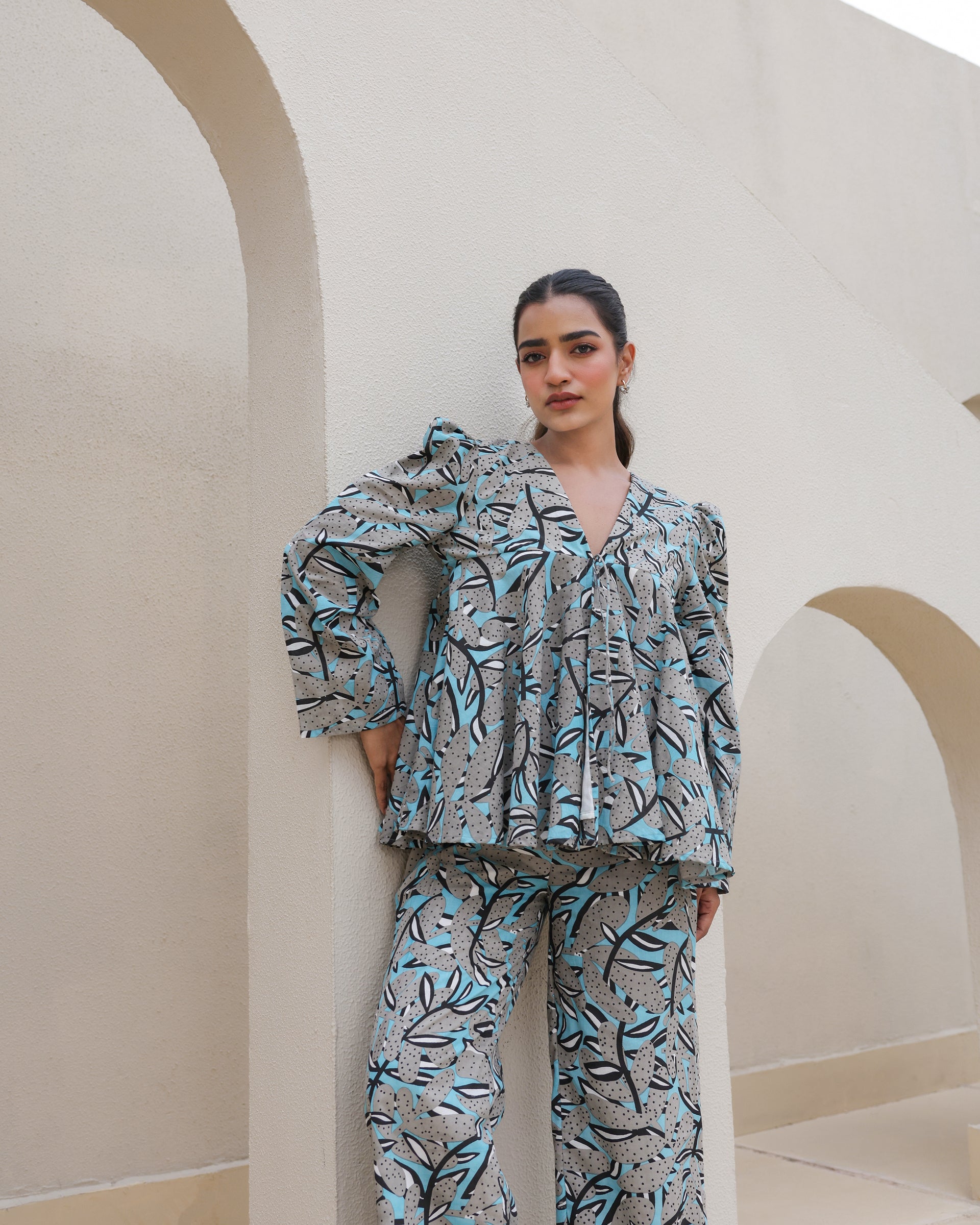Midnight Tropic Abstract Leaf Flared Co-Ord Set