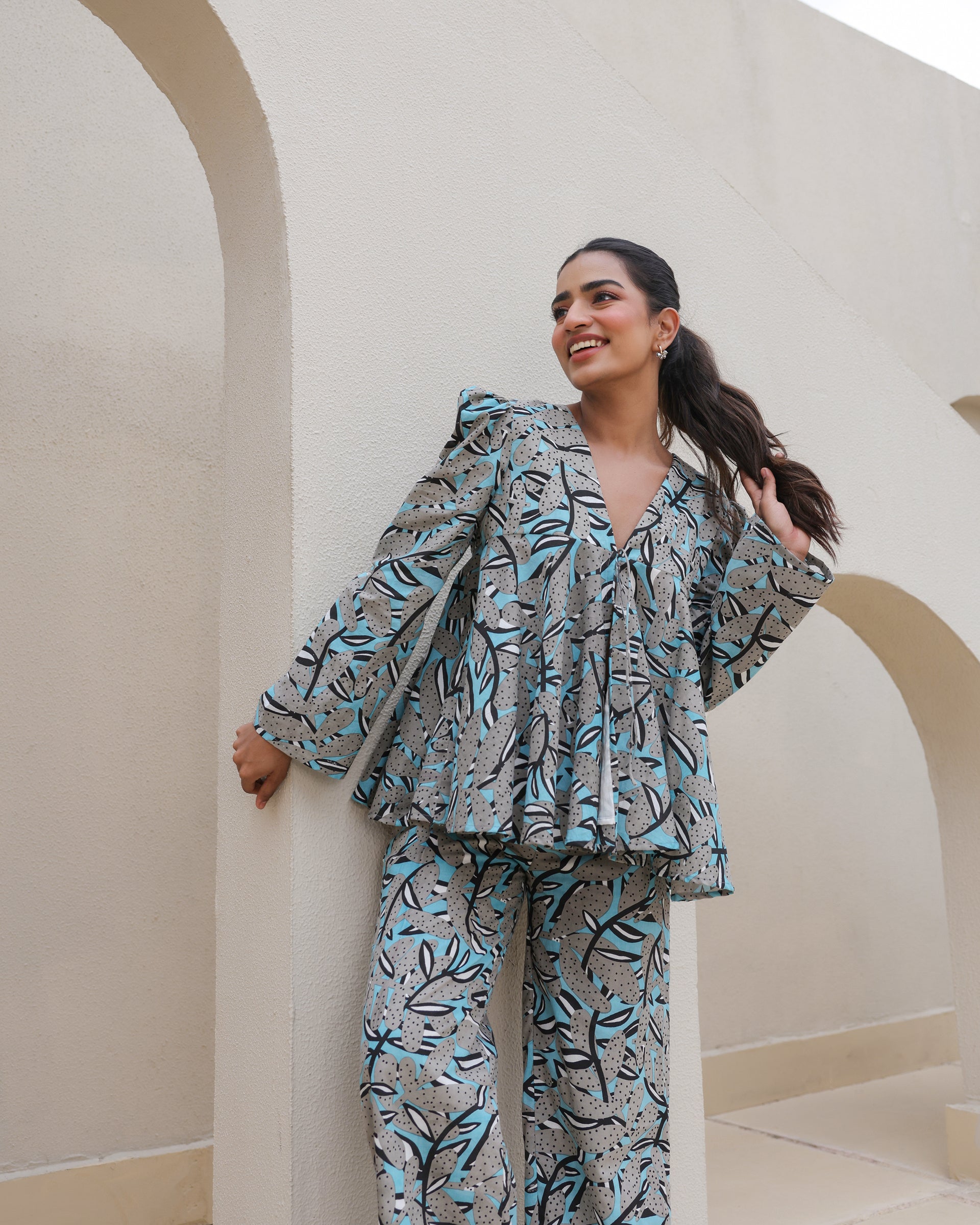 Midnight Tropic Abstract Leaf Flared Co-Ord Set