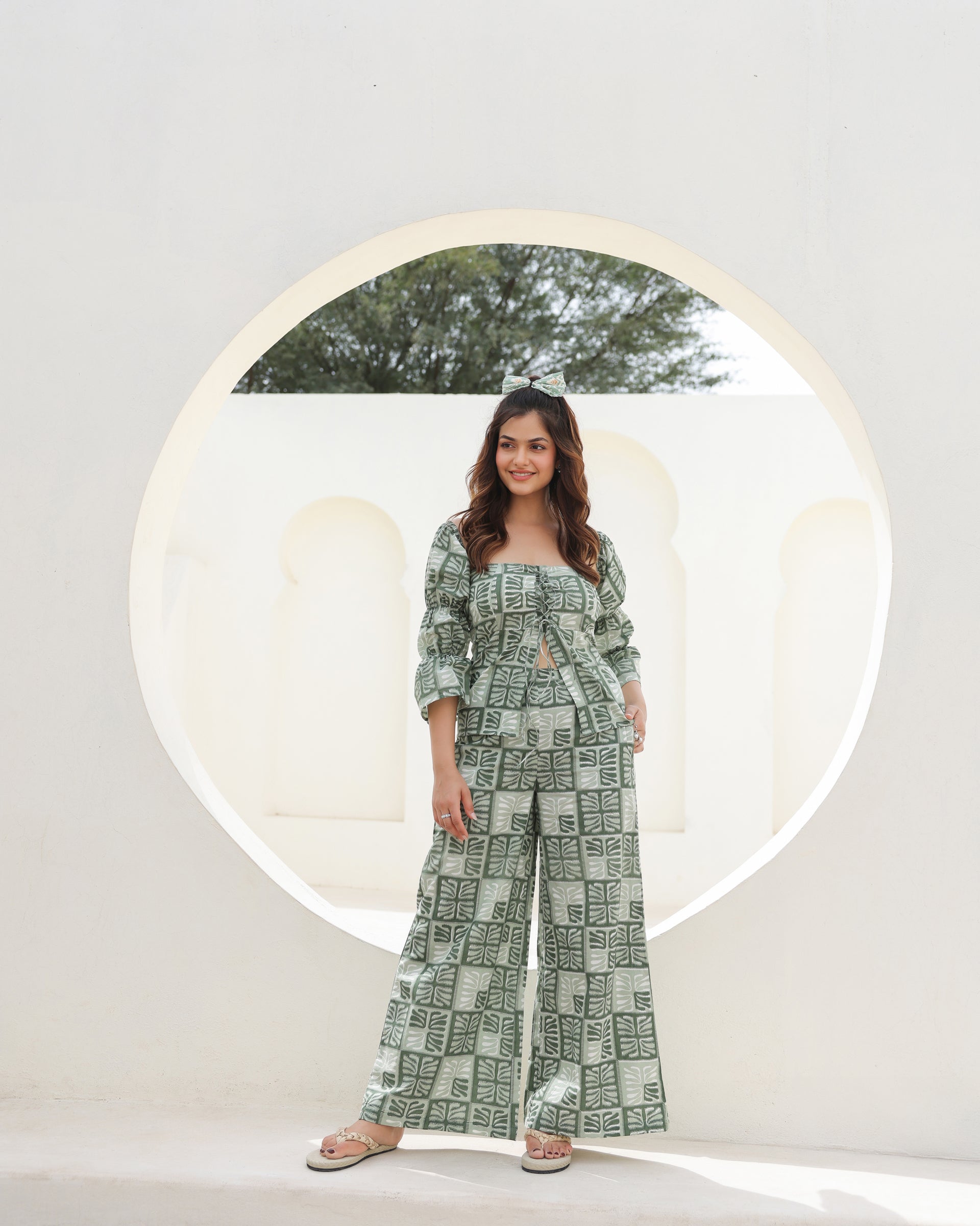 Tropical Sage Leaf Printed Puff Sleeve Co-Ord Set