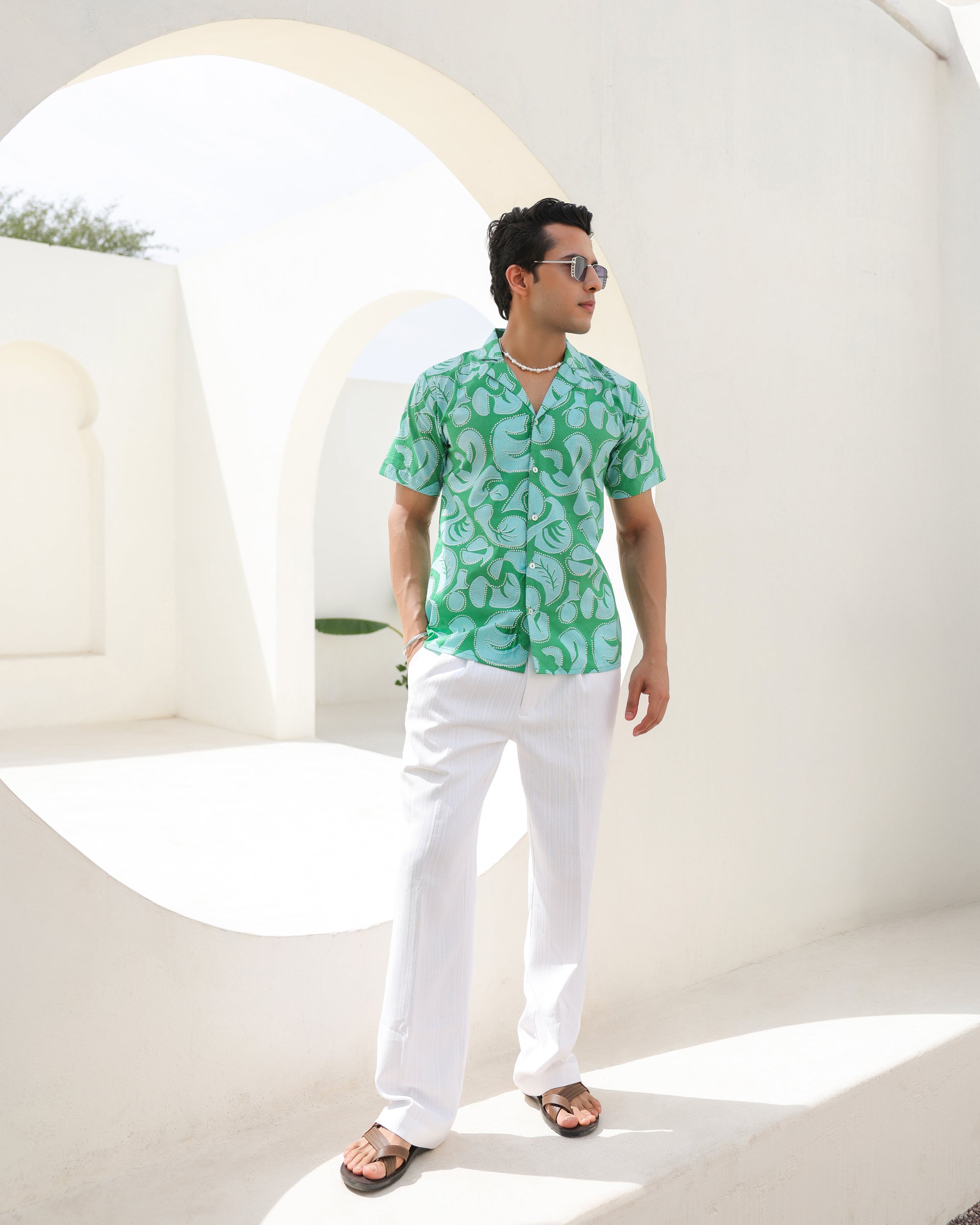 Aqua Swirl Print Cuban Collar Shirt