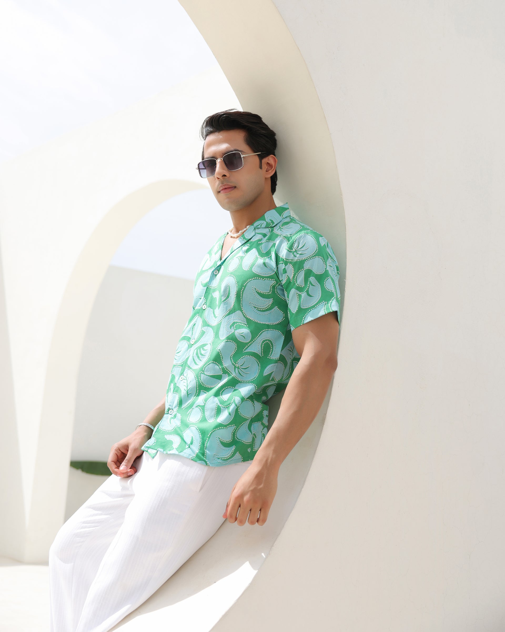 Aqua Swirl Print Cuban Collar Shirt