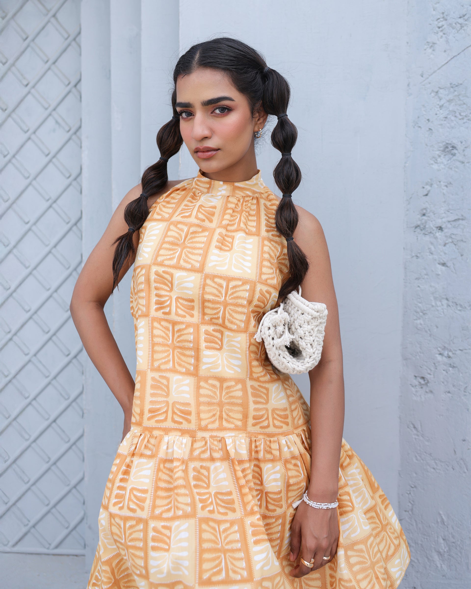 Golden Grid Mini Halter Dress
